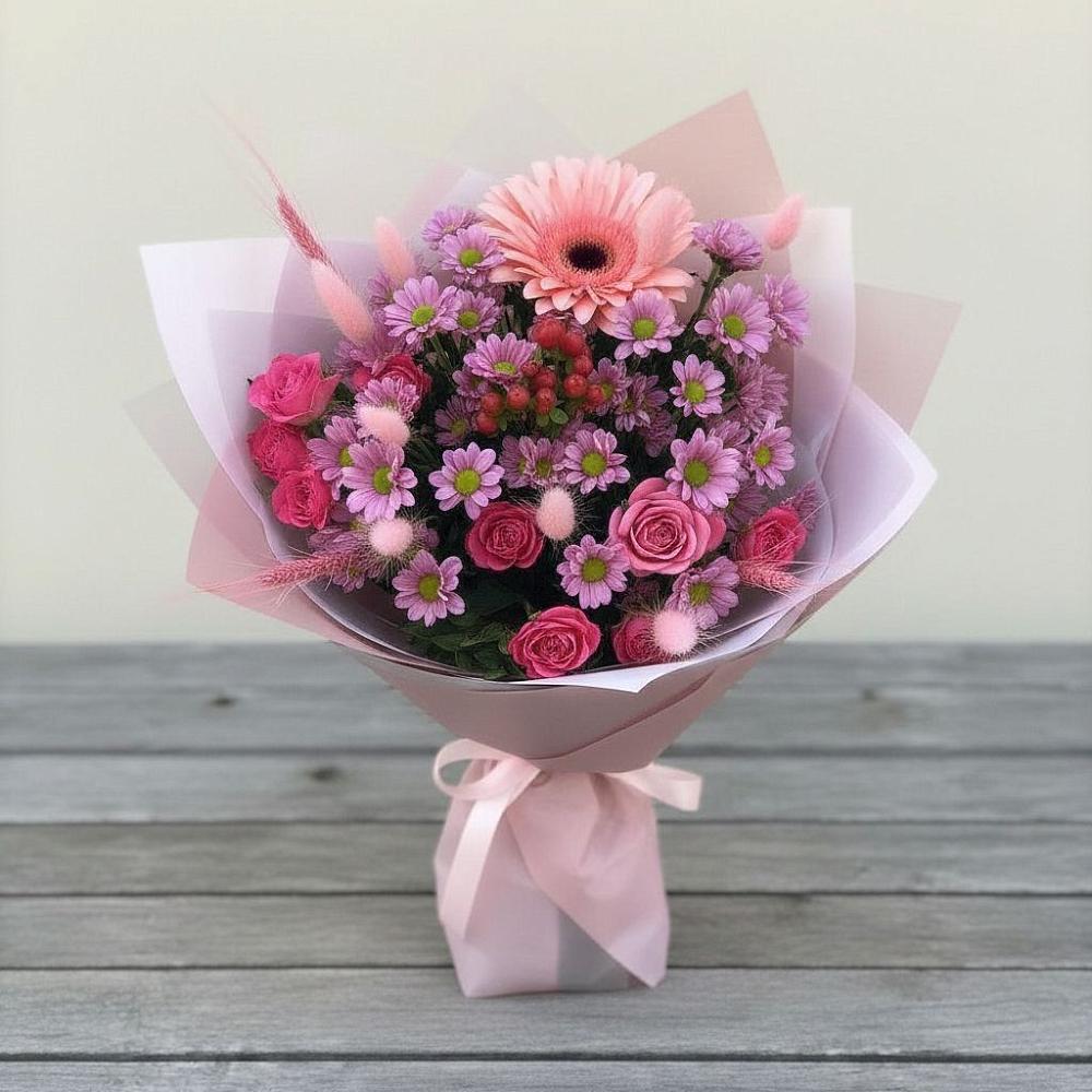 Букет цветов из: Розы, Герберы и Хризантемы в Волово