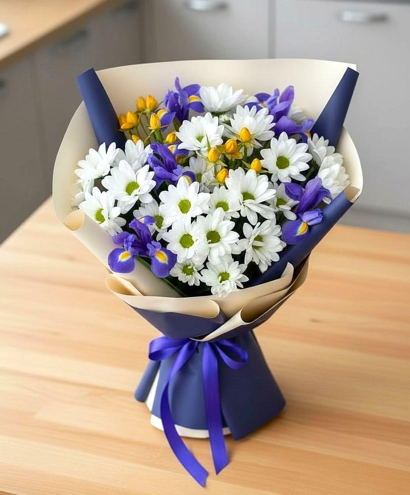 Букет цветов из: Розы, Ирисы и Хризантемы в Волово