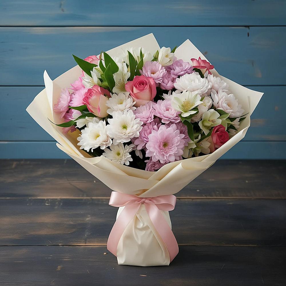 Букет цветов из: Хризантемы, Альстромерии и Розы в Волово